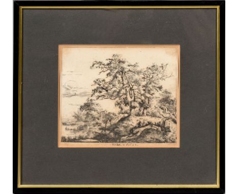 Jacob Isaacsz Van Ruisdael 1649 - The Three Oaks, black and white etching, titled and dated, framed and glazed, 4.25in x 5.5i