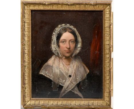Unsigned 19c - portrait of a lady in mourning costume, oil on canvas, framed, 9.5in x 7.5in.