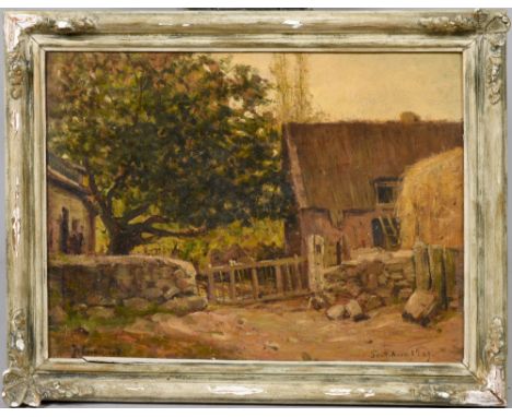 Jules Charles Croquet - French farm holding, signed, oil on panel, framed, 10in x 13.5in.
