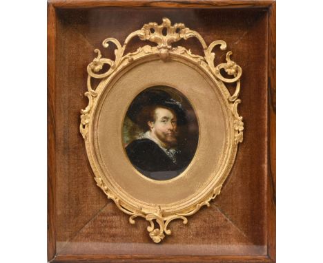 Unsigned - portrait of an 18c gentleman, oil on ivory, oval gilt framed in a glazed case, 2.5in x 2in.