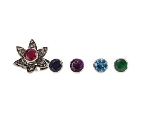 GEM SET FLOWER RING, with interchangeable centre stone including ruby, amethyst, sapphire, topaz and emerald, with white gem 