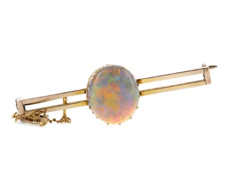 OPAL BAR BROOCH,, set with a cabochon section of opal 16.7mm long, to a bar 55mm long, unmarked, 5.5g