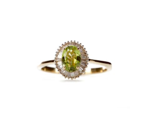 PERIDOT AND DIAMOND RING, set with an oval peridot within a halo of baguette cut diamonds totalling approximately 0.40 carats