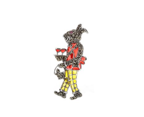 PLIQUE A JOUR RABBIT BROOCH, in the form of a waiter, set with marcasite and red and yellow enamel, 57mm high, pendant bale t