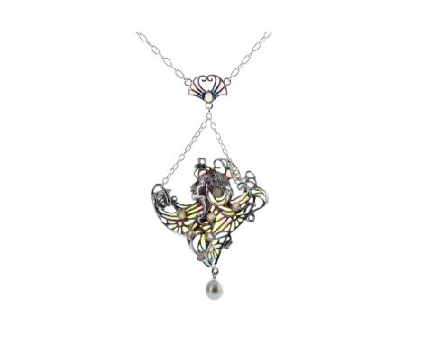 PLIQUE A JOUR ART NOUVEAU STYLE PENDANT, depicting a female in profile facing left set with opals, rubies, marcasite and colo