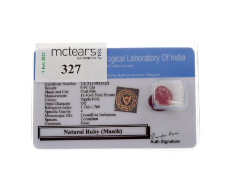 UNMOUNTED RUBY, oval mixed cut, weighing 6.90 carats, certified by the Gemological Laboratory of India