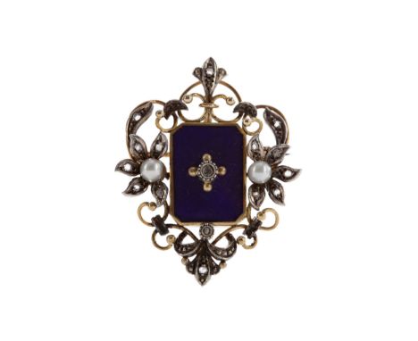 BLUE ENAMEL, DIAMOND AND SEED PEARL BROOCH, the octagonal blue enamelled section with a central rose cut diamond, flanked by 