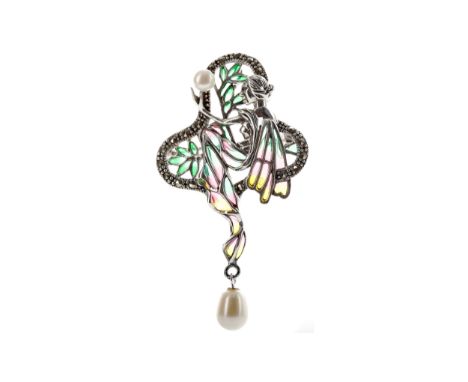 PLIQUE A JOUR PIXIE BOOCH, depicting a pixie holding a pearl, with a suspended teardrop shaped pearl below, with green, yello