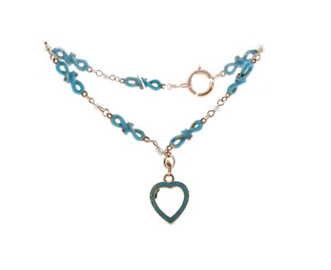 ENAMELLED BRACELET, with turquoise coloured enamel heart and knotwork design, interspaced by small pearls, 19cm long, unmarke