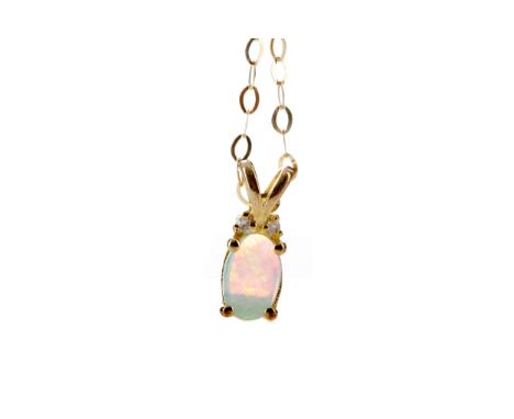 OPAL AND DIAMOND PENDANT, set with an oval opal topped by two diamond chips, marked 10K, on a chain marked 375, 0.8g