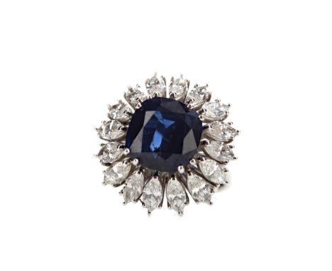 GIA CERTIFICATED SAPPHIRE AND DIAMOND RING, set with a natural cushion cut sapphire of approximately 6.35 carats, with eviden
