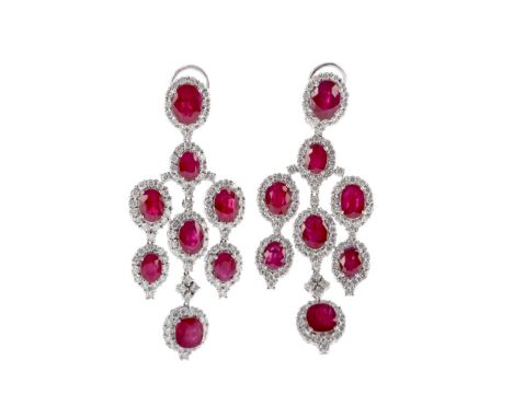 PAIR OF RUBY AND DIAMOND CHANDELIER EARRINGS, set with oval rubies totalling approximately 16.00 carats, each within round br