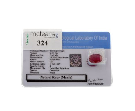 CERTIFICATED UNMOUNTED RUBY, oval mixed cut, weighing 6.30 carats, certified by the Gemological Laboratory of India