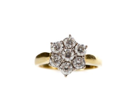 DIAMOND CLUSTER RING, set with round brilliant cut diamonds totalling approximately 1.00 carat, in eighteen carat gold, size 