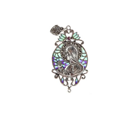 PLIQUE A JOUR PENDANT, with central religious figure surrounded by blue, purple and green enamel, topped by a round ruby, mar