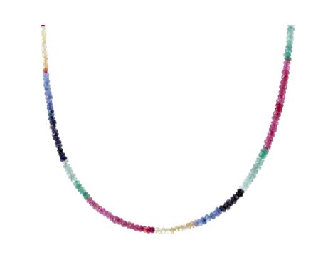 PRECIOUS GEMSTONE NECKLACE, set with ruby, sapphire and emerald beads, 47.5cm long, marked 18K to the clasp