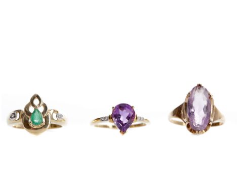 TWO PURPLE GEM SET AND DIAMOND RING, one of oval form, in nine carat gold, size Q, along with a pear shaped purple gem set ex