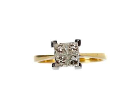 DIAMOND QUAD RING, set with four princess cut diamonds totalling approximately 0.75 carats, in eighteen carat gold, size N 1/