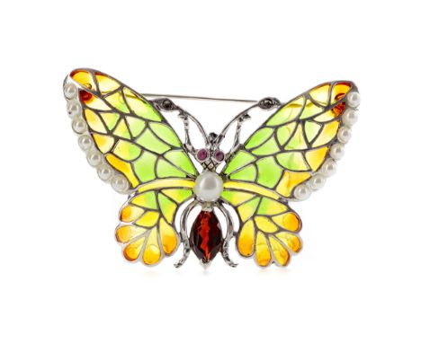 PLIQUE A JOUR BUTTERFLY BROOCH, with a marquise garnet to the body beneath a spherical pearl, ruby eyes, yellow, green and or