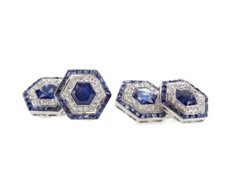 PAIR OF VINTAGE CARTIER SAPPHIRE AND DIAMOND CUFFLINKS, set with hexagonal sapphires bordered by round brilliant cut diamonds
