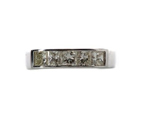 DIAMOND FIVE STONE RING, the princess cut diamonds totalling approximately 1.00 carat, in eighteen carat white gold, size N, 