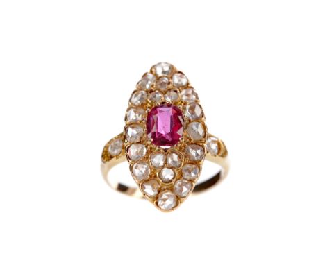 RUBY AND DIAMOND RING, set with a central oval ruby of approximately 1.00 carat, with rose cut diamonds to the marquise shape