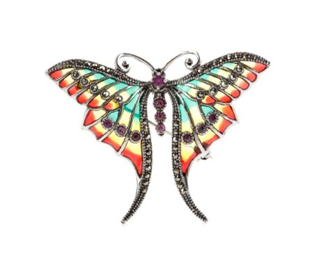 PLIQUE A JOUR BUTTERFLY BROOCH, set with rubies and marcasite, with green, yellow and red enamel, 62mm wide, pendant bale to 