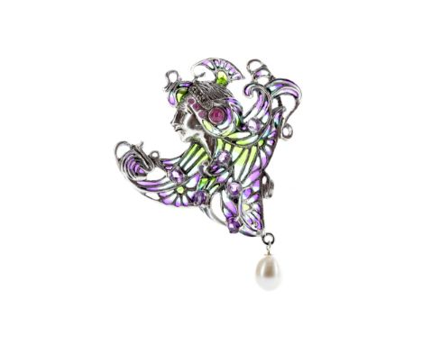 PLIQUE A JOUR ART NOUVEAU STYLE BROOCH, depicting a female in profile facing left, with amethyst, ruby and marcasite stones a