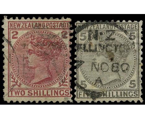 1874-8 2/- deep rose and 5/- grey, each comb perf 12 x 11 1/2, used.  2/- with light duplex, 5/- with Wellington CDS (and a c