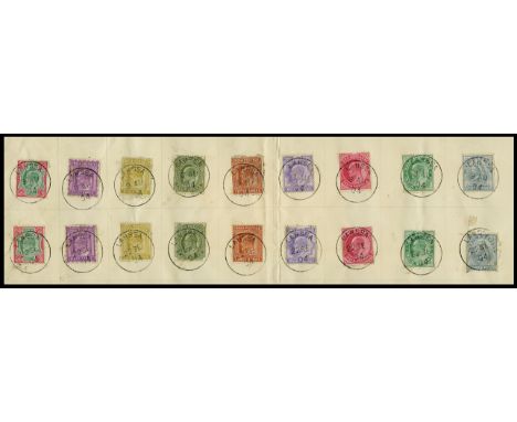 1904 piece (340 x 95mm) with two 'sets' of India 3p - 1r, the 3p grey Queen Victoria and the _a - 1r KE VII.  Each value  can
