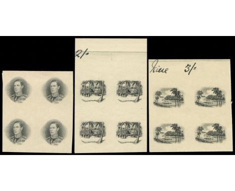 1938 Imperforate plate proofs of the vignettes in black for the 1s, 2s and 3s values (SG 75/7), in blocks of four on ungummed