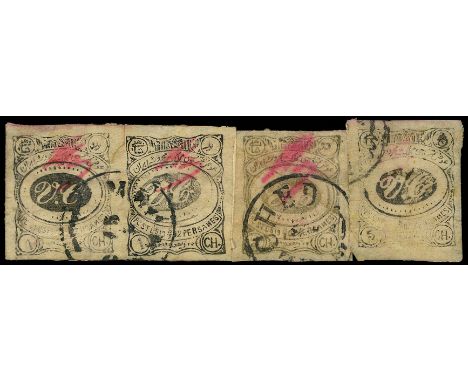 1902 Meshed Provisionals, 1ch black horizontal pair, 2ch black and 5ch black (SG 216, 217, 219) used, first two with legible 