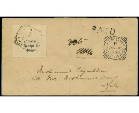 1900 Ipoh provisional envelope with 'Postal/Receipt for/3 Cent' label at left, cancelled by squared circle of (Ipoh) 26 OC, a
