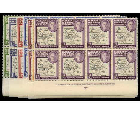 1946 "Thick Map" set of 8, _d to 1s (SG G1/8), in l/r corner blocks of 6 with plate number "1A", in l/l corner blocks of 6 an