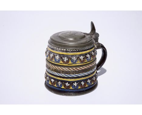 A Creussen German stoneware pewter-mounted mug, 17th C. H.: 12,5 cm  Condition reports and high resolution pictures are avail