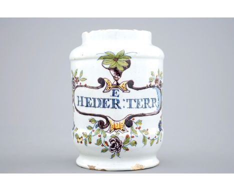 A polychrome Dutch Delft albarello-shaped pharmacy jar, 18th C. H.: 12 cm - Dia.: 8 cm  Condition reports and high resolution