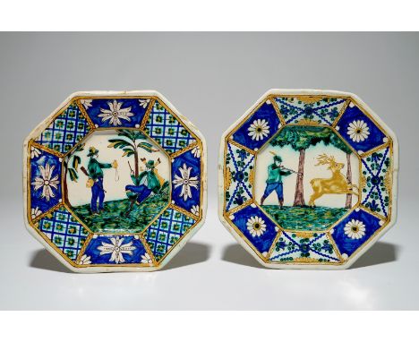 A pair of polychrome German plates with hunting scenes, Erfurt, dated 1736 Dia.: 24 cm  Condition reports and high resolution