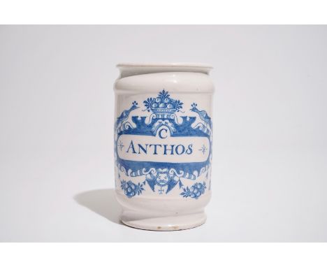 A Dutch Delft blue and white albarello-shaped pharmacy drug jar, 18th C. H.: 17 cm - Dia.: 11 cm  Condition reports and high 