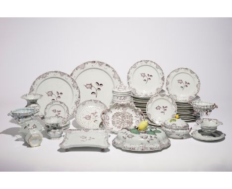 An extremely rare manganese Dutch Delft 48-piece service, 18th C. This is one of the largest Dutch Delft dinner services in e