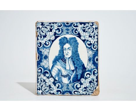 A rare Dutch Delft plaque with a portrait of King William, ca. 1690 Dim.: 19 x 16 cm  Condition reports and high resolution p