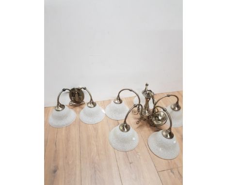 A 5 BRANCH LIGHT FITTING WITH FROSTED SHADES TOGETHER WITH A MATCHING 2 BRANCH WALL LIGHT