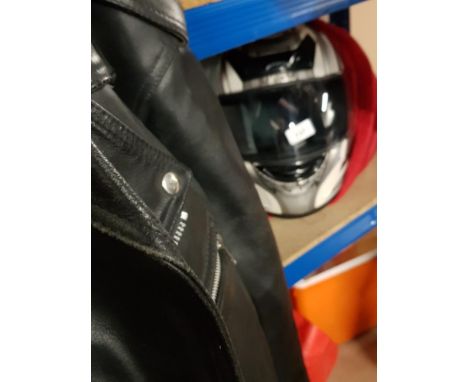 MOTORCYCLE LEATHER JACKET HELMET AND SIZE 10 BOOTS