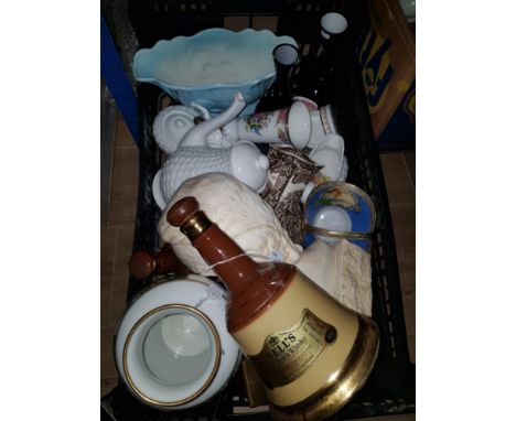 A BOX OF ASSORTED WARE INC BELLS WADE SCOTCH WHISKEY BOTTLE ETC