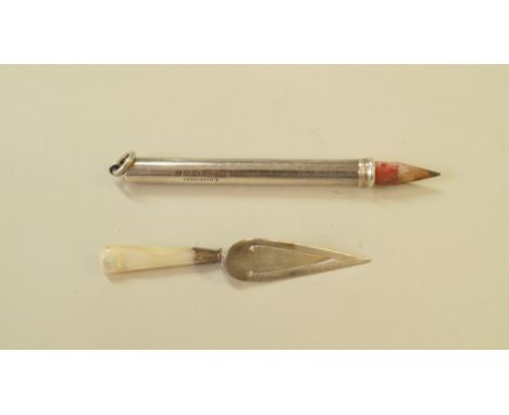 A silver pencil holder, by Sampson Mordan & Co; and a silver and mother of pearl trowel shaped clip.