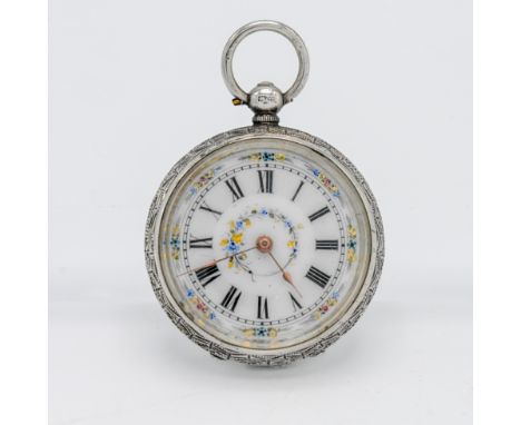 A Victorian silver, pretty enamel fob watch with key wind movement (marked F.M)