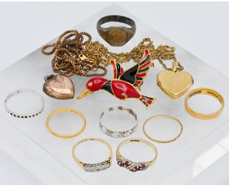 Assortments of rings etc, including 2 x 22 carat gold wedding bands (6.5 grams), a 9 carat gold locket on fine 9 carat chain,