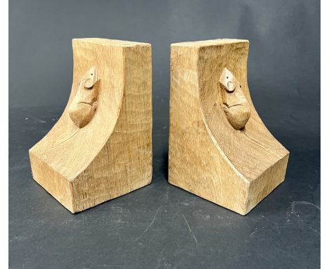 A pair of Robert Thomson of Kilburn type 'Mouseman' light oak bookends