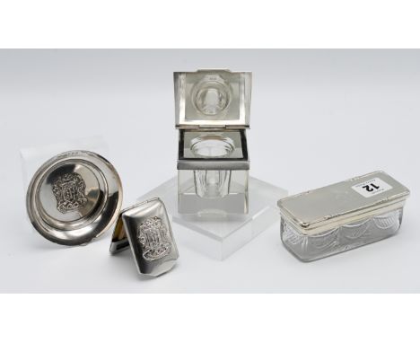 A glass and silver top box 11.5 x 4.5cm together with a small silver dish and a match case with coat of arms. Gross weight 2.