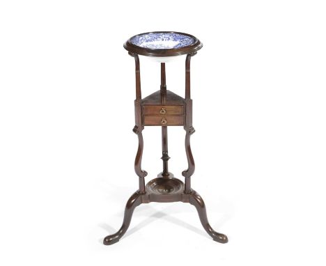 A GEORGE II MAHOGANY WIG OR BASIN STANDC.1750fitted with two drawers, together with an associated blue and white pottery bowl