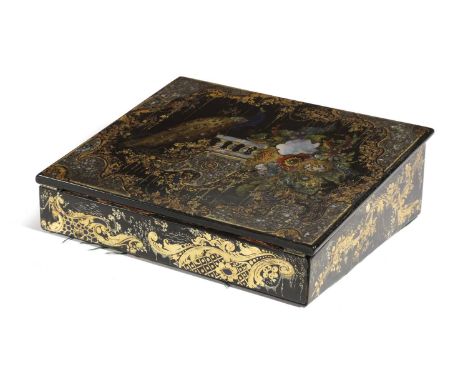 A VICTORIAN PAPIER-MÂCHÉ WRITING SLOPEC.1870the cover painted with a peacock on a balustrade surrounded by gilt and painted f